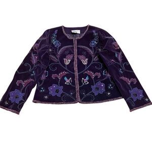 DG2 Diane Gilman Womens Collarless Velour Jacket L Purple Embroidered Royalty
